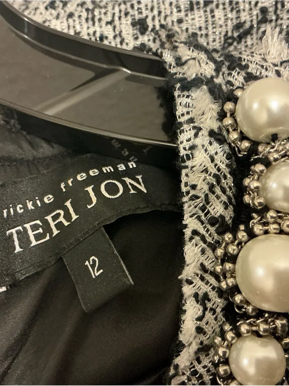 Teri Jon Gray Tweed Mini Dress with Pearl Trim